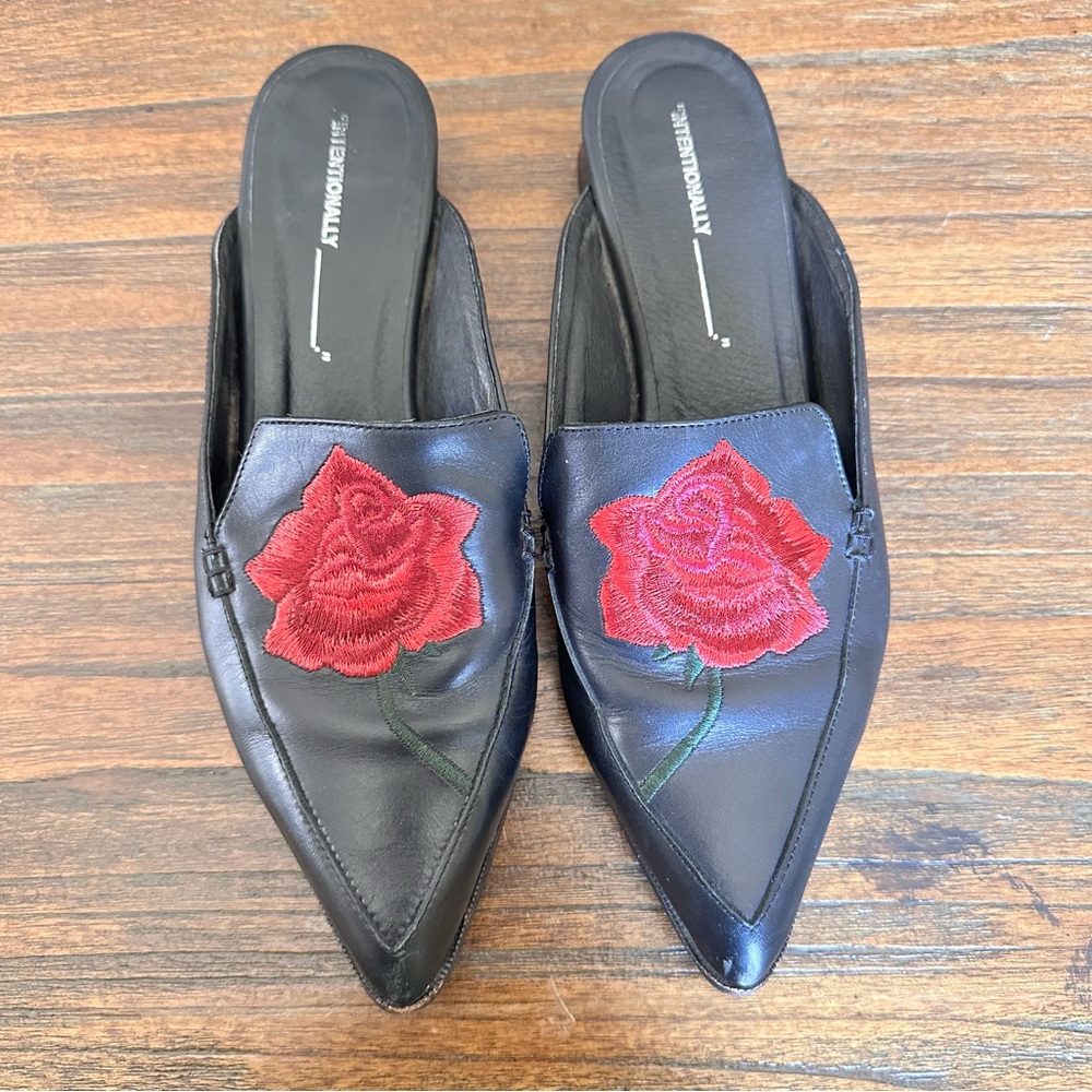 INTENTIONALLY BLANK Black Leather Pointed Mules with Red Rose Embroidery